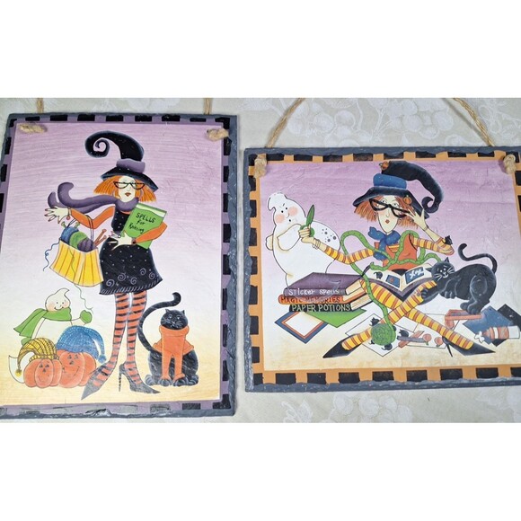2 Halloween Witch Spells Wall Hangings 10" x 8” Slate Art Plaques Pictures Decor - Picture 1 of 7